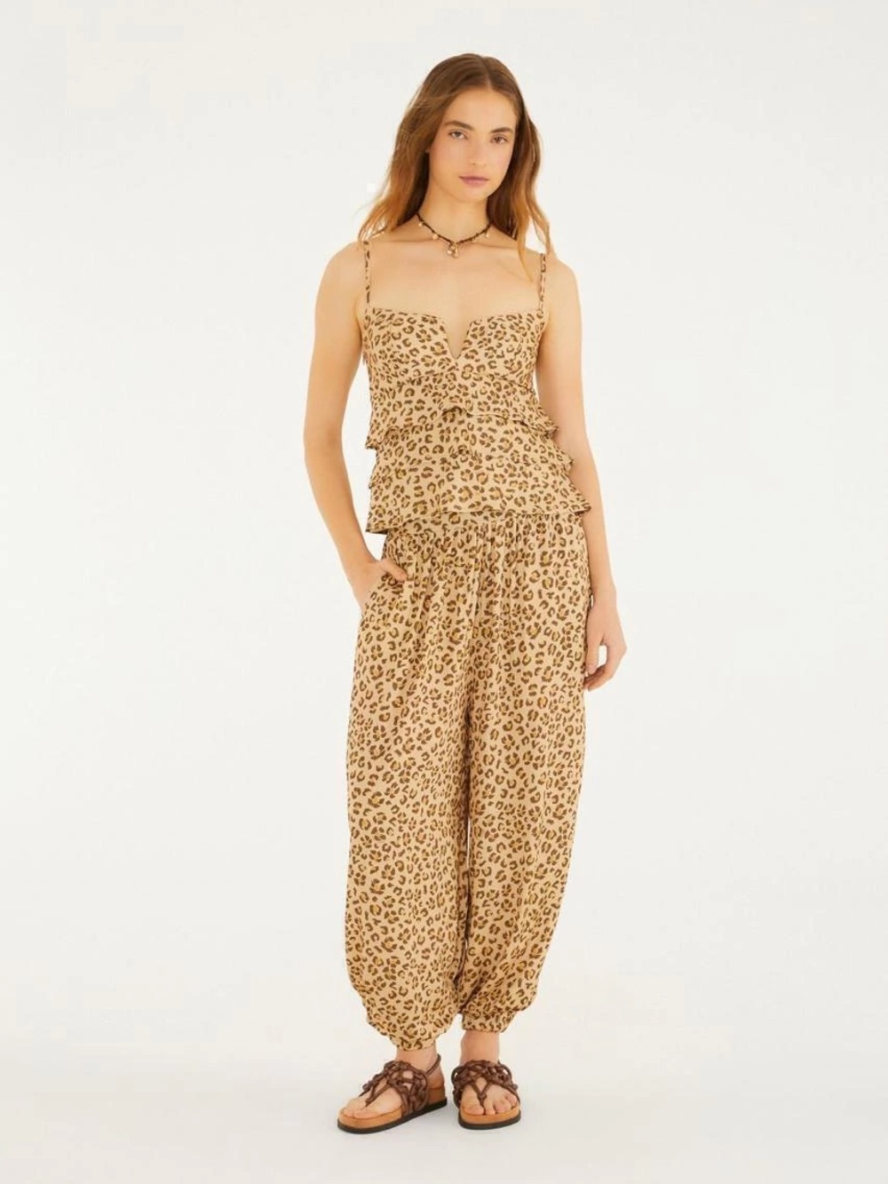 Leopard Print Wide-Leg Jumpsuit in Tan